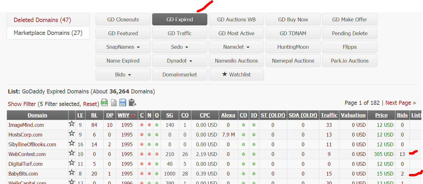 expireddomains.net user interface and filters