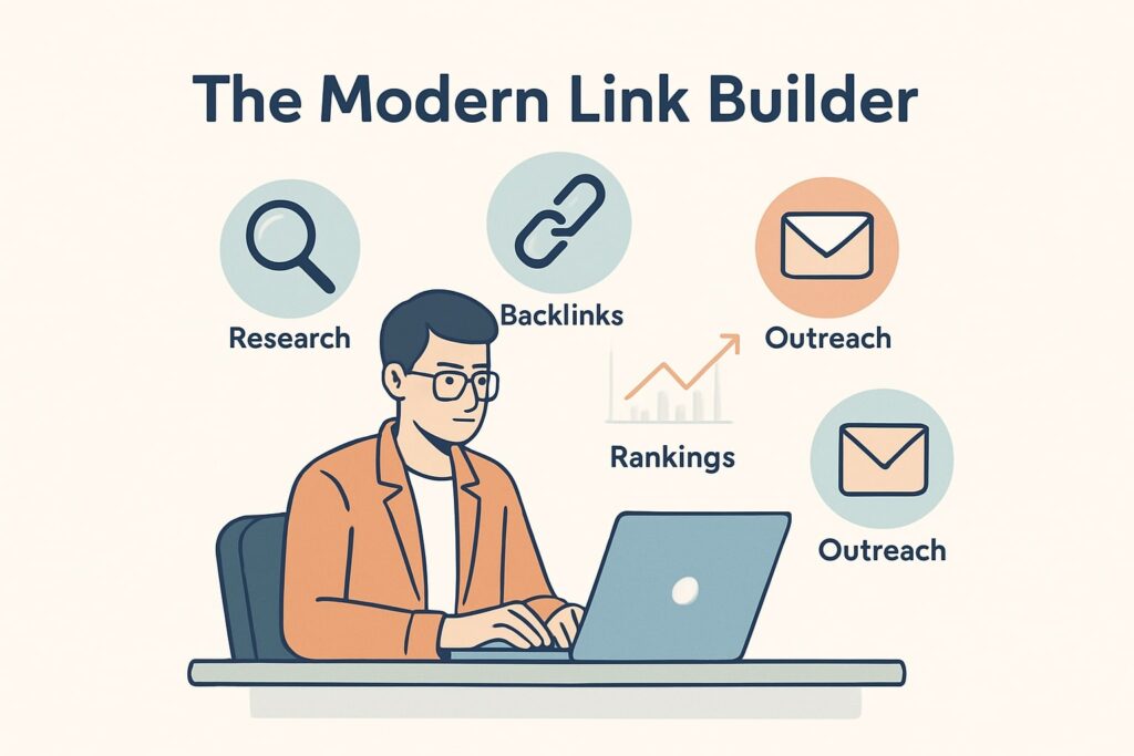 Illustration of a link building specialist at a desk with icons for research, backlinks, outreach, and rankings.