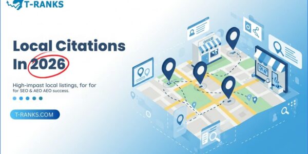 Local citations 2026 illustration with map pins and businesses for SEO.