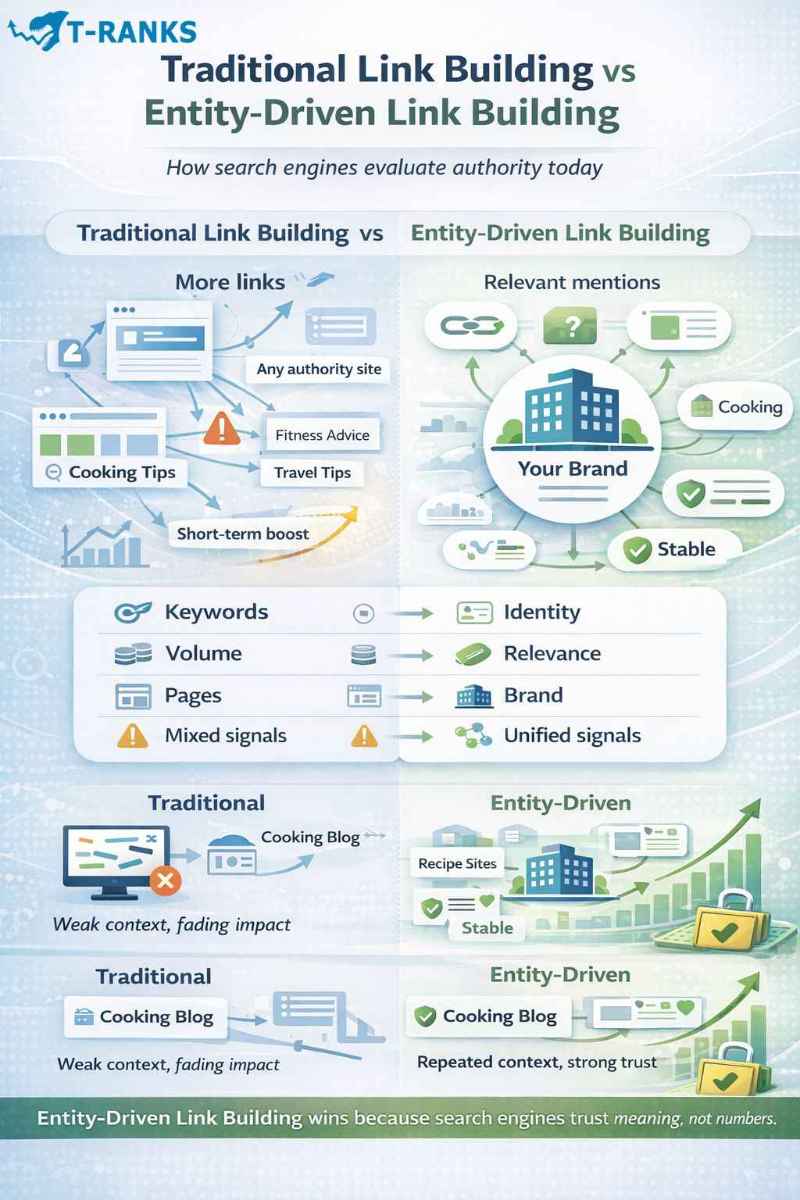 Entity-Driven Link Building vs Traditional Link Building infographics
