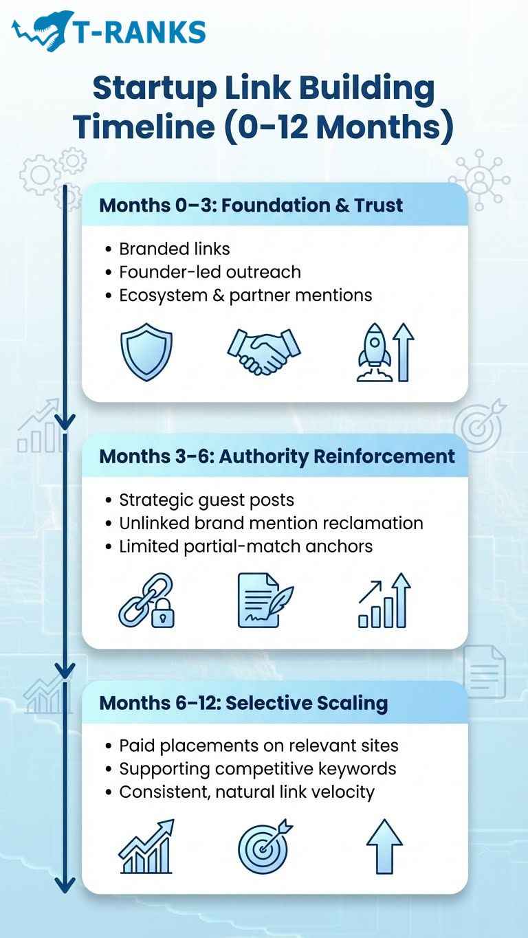A Practical Startup Link Building Timeline (0–12 Months) infographics