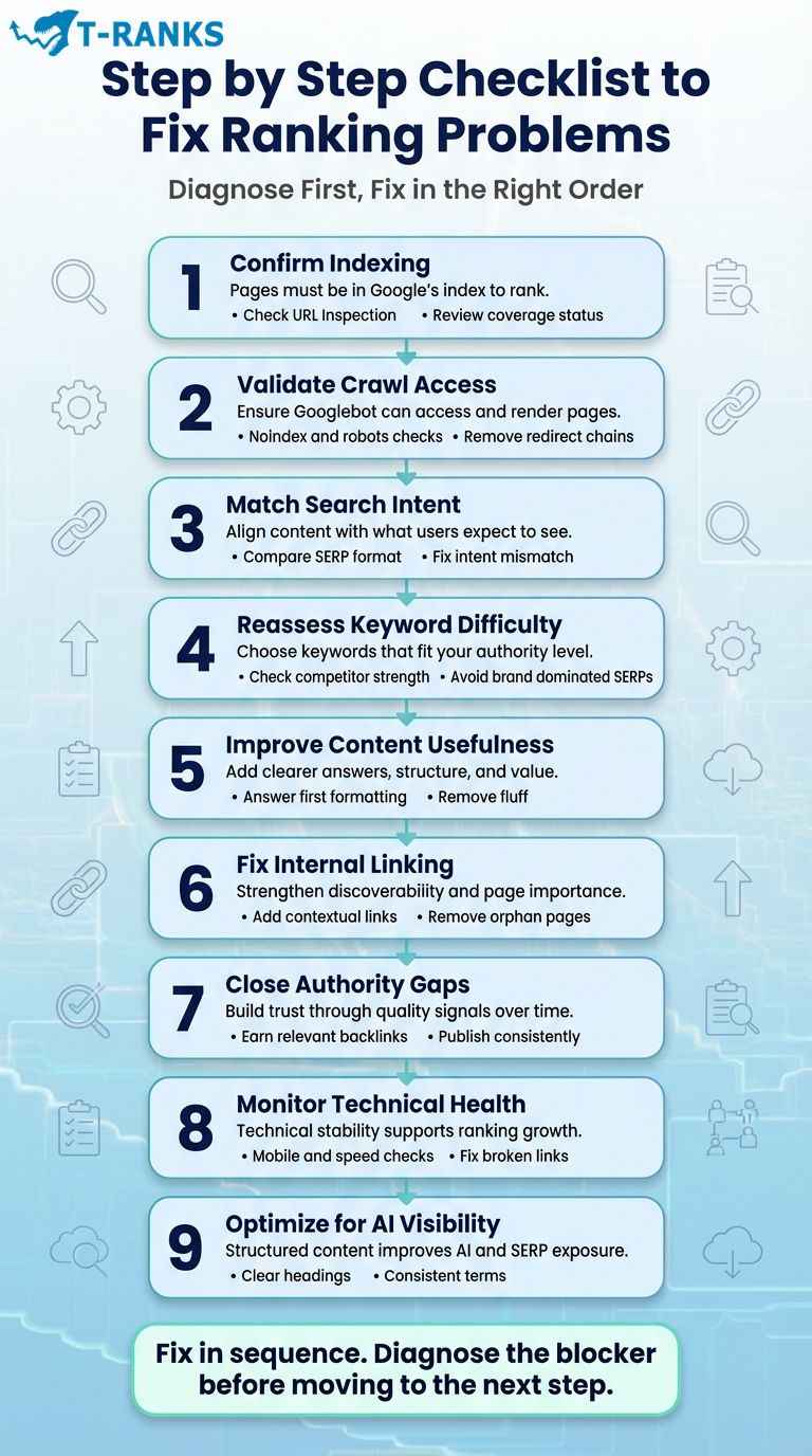 Step by Step Checklist to Fix Ranking Problems infographic