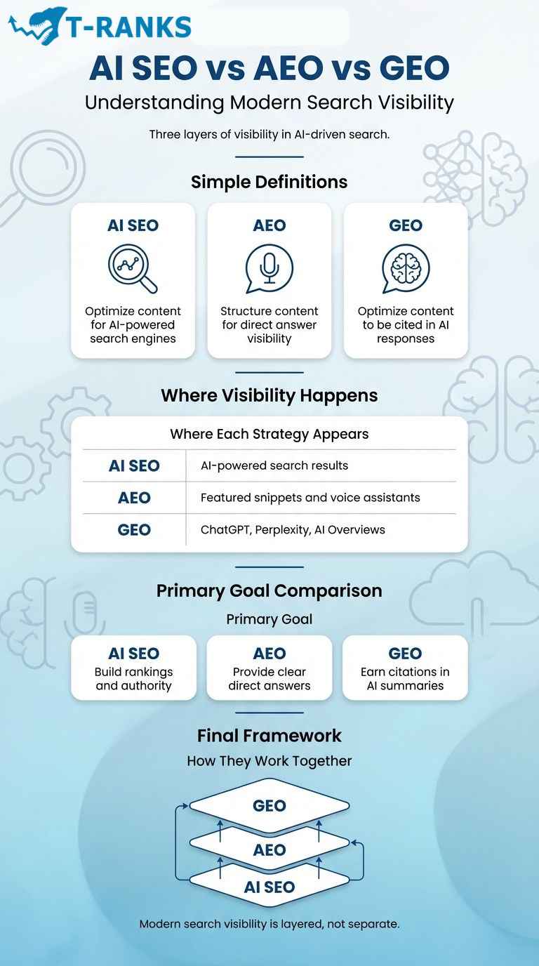 AI SEO vs AEO vs GEO Difference infographic