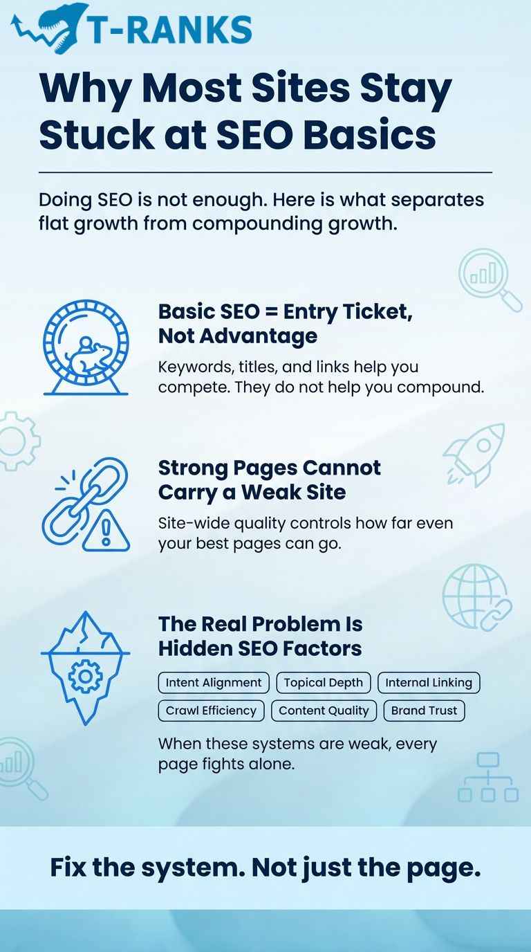 why most sites stay stuck at seo basics infographic
