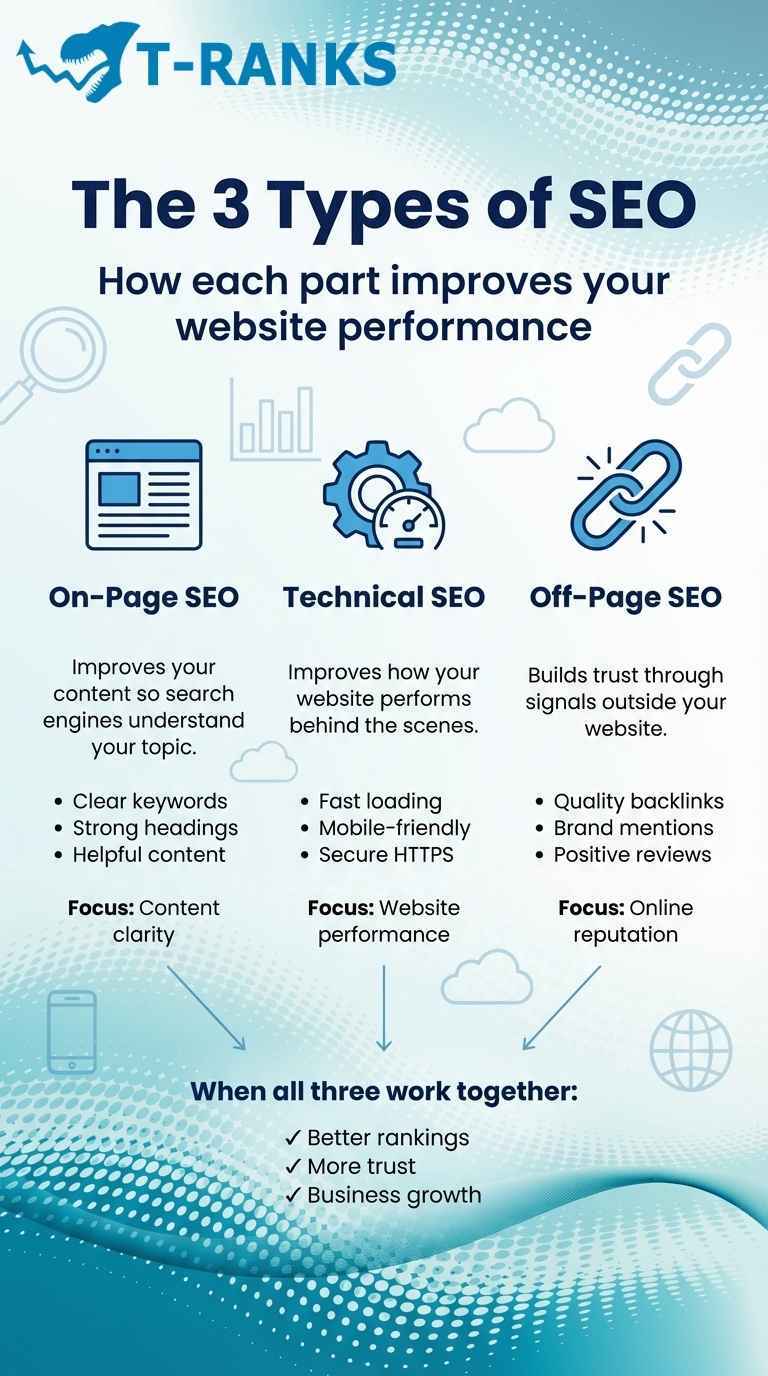 three types of seo and what they do infographic